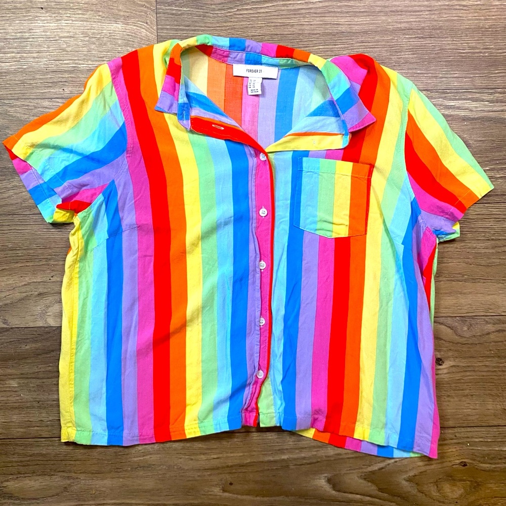 Plus Forever 21 Rainbow Stripe Pride Button Down Flannel Top
